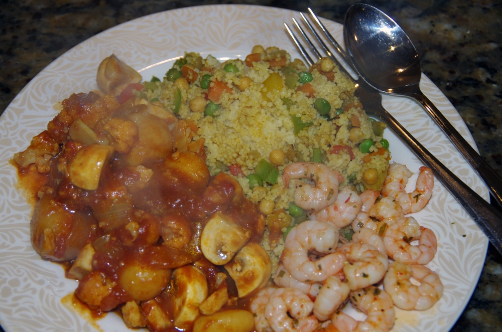 Curried Couscous, Vegetable Curry and Spicy Prawns (Everything but the prawns we already had)